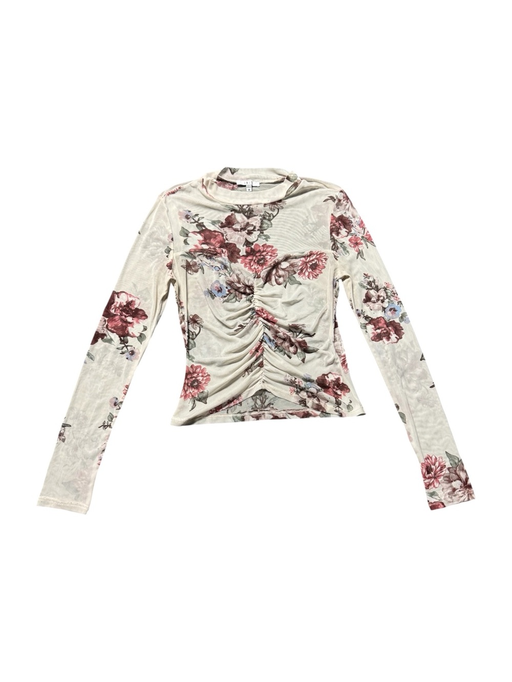 Iris Floral Mesh Ruched Long Sleeve Top Women’s Medium Cottagecore